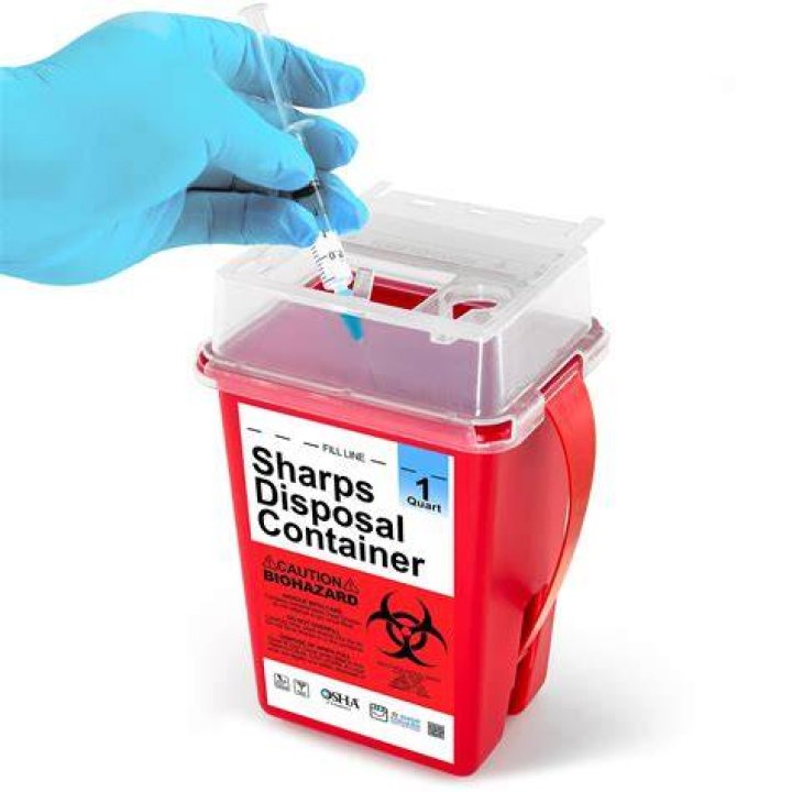 What is true about sharps disposal containers